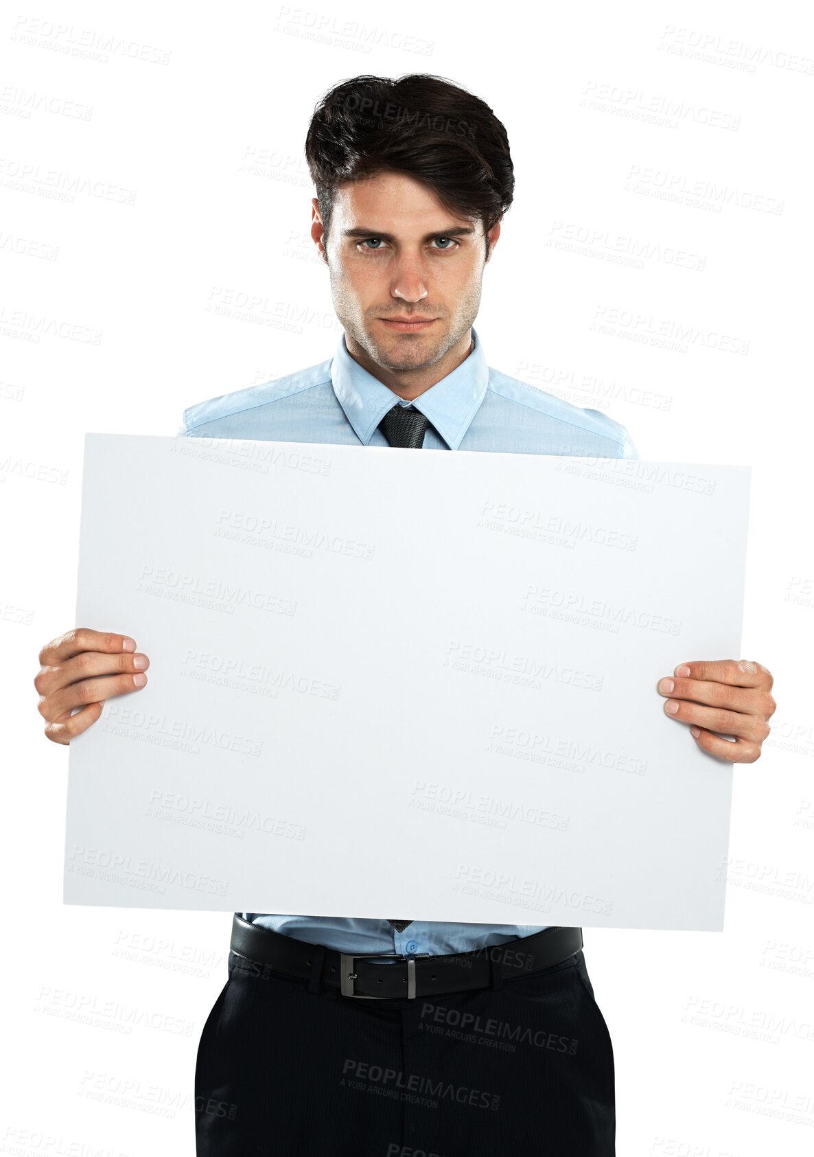 Buy stock photo Portrait, business man and mockup with poster isolated on a transparent png background. Copy space, serious and person with banner or blank board for advertising, marketing and billboard promotion.