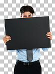 Placard mockup, employee portrait and businessman with marketing promo poster, advertising banner or product placement. Mock up billboard sign, hide or studio sales model isolated on a png background