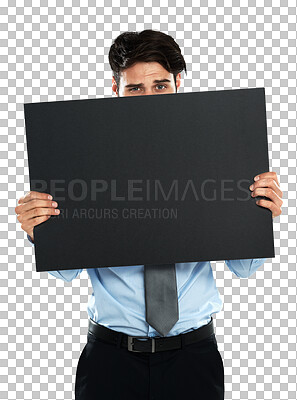 Buy stock photo Portrait, business man and peek with poster isolated on a transparent png background. Copy space, mockup and person with banner or blank board for advertising, marketing and billboard promotion.