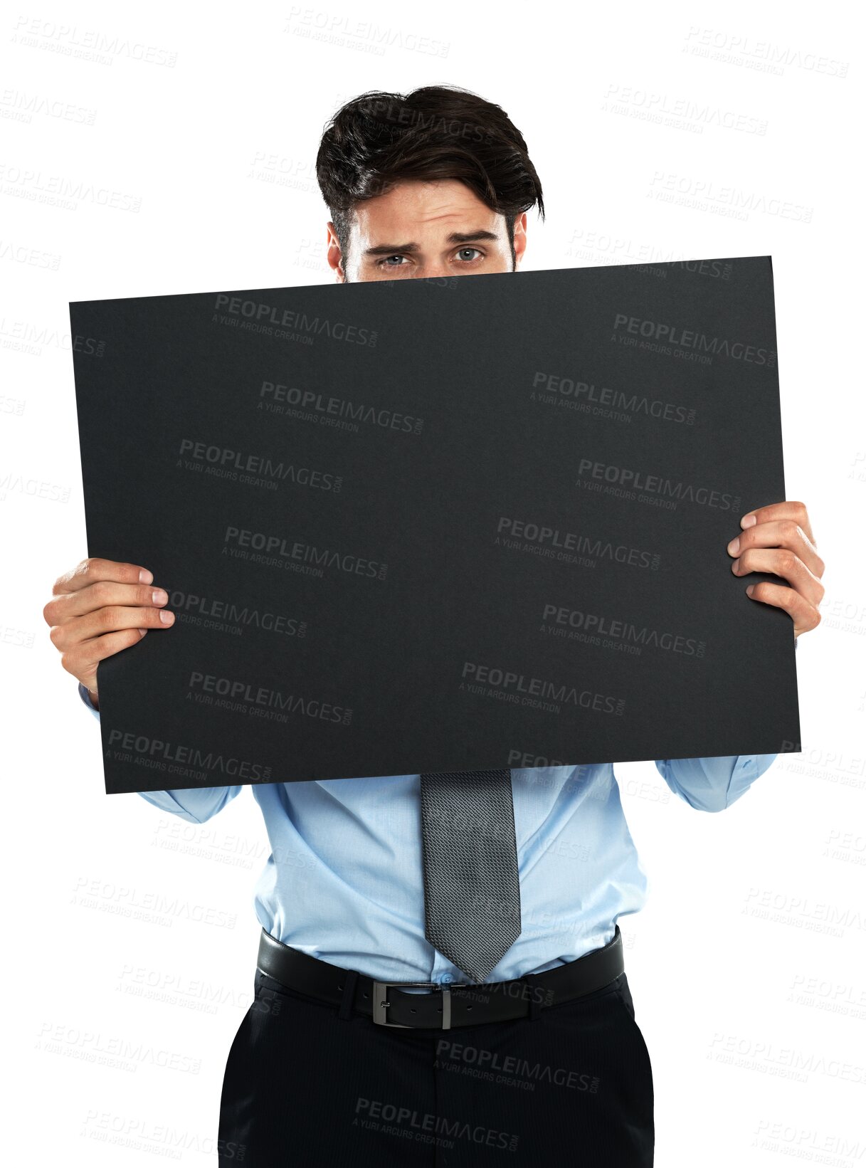 Buy stock photo Portrait, business man and peek with poster isolated on a transparent png background. Copy space, mockup and person with banner or blank board for advertising, marketing and billboard promotion.