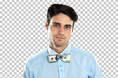 Buy stock photo Businessman, portrait and corporate money on a shirt for wealth, rich and finance. Serious, profit and a male employee with cash bribe or fraud on clothes isolated on a transparent png background