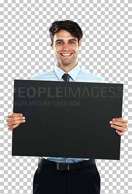 Buy stock photo Mockup, portrait and business man with black board, poster and space on isolated, transparent and png background. Face, smile and billboard, banner and paper sign by happy corporate male with placard