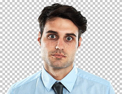 Buy stock photo Business man, silence and portrait of censored victim with mouth stitching isolated on transparent png background. Corporate worker, censorship and abuse of lips closed for speech, secret and control