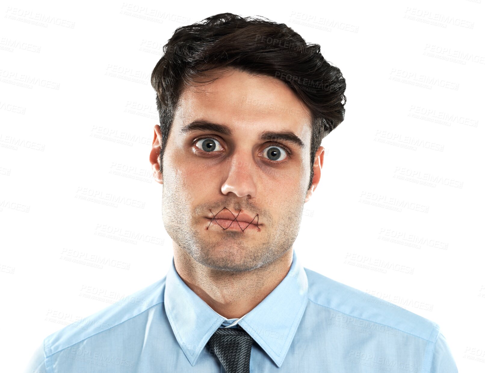 Buy stock photo Business man, silence and portrait of censored victim with mouth stitching isolated on transparent png background. Corporate worker, censorship and abuse of lips closed for speech, secret and control