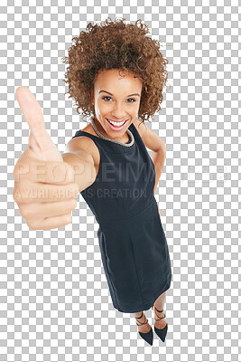 Buy stock photo Success, thank you and woman thumbs up portrait with proud smile and above in corporate style. Yes, win approval and agreement hand sign of business person isolated on a transparent, png background