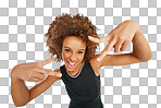 Portrait, hands and black woman with peace sign in studio isolated on a png background. Face, fashion and attitude gesture, symbol or emoji of female model in stylish, designer and cool clothing.