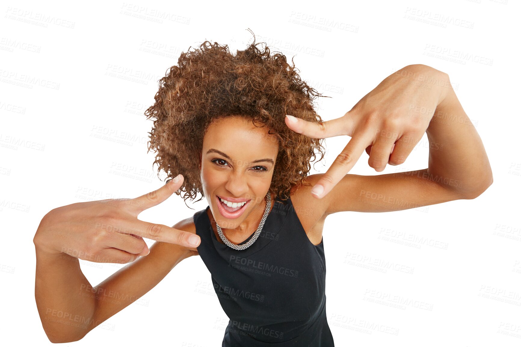 Buy stock photo Woman in portrait, peace hand sign and smile with attitude and emoji isolated on transparent, png background. Carefree, freedom and happy female with cool person, hands with gesture and symbol