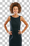 Happy, leader and portrait of business black woman with afro in elegant, corporate and professional fashion of people. Feminine worker style of confident person at isolated on a png background