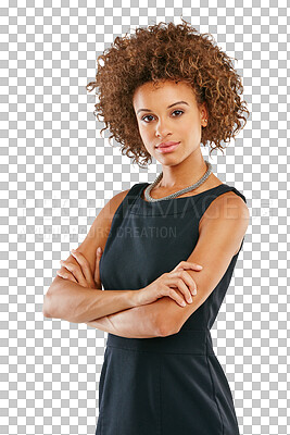 Buy stock photo Business woman in portrait, arms crossed and success, vision with confidence isolated on transparent or png background. Corporate lawyer, female with professional mindset and law career with ambition