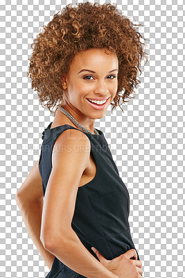 Buy stock photo Black woman, happy portrait and a smile while confident with happiness. Young, African and a beautiful business employee in stylish and professional clothes isolated on a transparent png background