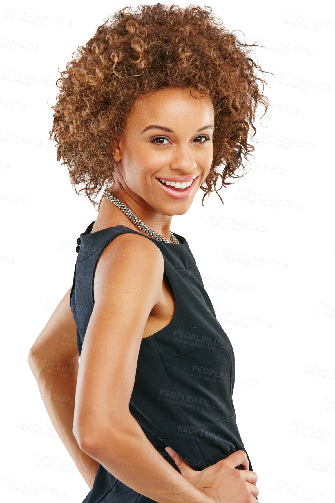 Buy stock photo Black woman, happy portrait and a smile while confident with happiness. Young, African and a beautiful business employee in stylish and professional clothes isolated on a transparent png background