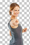 Pointing, you and woman in studio portrait to show winner, opportunity or choice for success, vote and direction. Professional worker, employee or worker with hand sign for recruitment and smile isolated on a png background