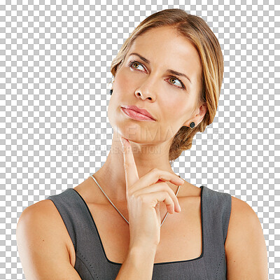 Buy stock photo Woman, hand on chin and thinking of idea, plan or strategy isolated on a transparent, png background. Pensive business female think with gesture, memory and contemplating choice and alpha channel

