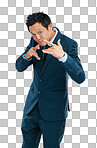 Hands, angry and portrait of Asian man isolated on a png background for conflict, problem and issue. Corporate, mockup space and business person isolated in studio with fight gesture, sign and attitude
