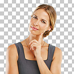 Business woman and idea portrait of corporate worker planning, brainstorming and thoughtful. Confident strategy of attractive career girl with work decision at isolated on a png background