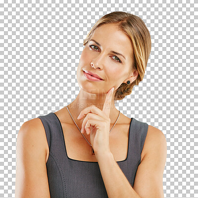 Buy stock photo Woman, thinking and portrait with hand on face for idea or strategy isolated on a transparent, png background. Business female think with gesture, plan and choice or question on alpha channel

