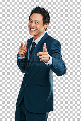 Buy stock photo Motivation, happy and portrait of a businessman with finger guns isolated on a transparent png background. Success, corporate and an Asian worker with hand gesture for greeting on blank space