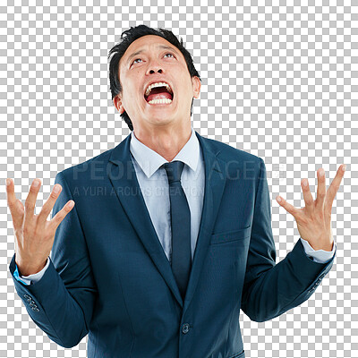 Buy stock photo Stress, screaming and PNG with a business man isolated on a transparent background feeling angry or upset. Burnout, shouting and breakdown with a male asian employee suffering from mental health