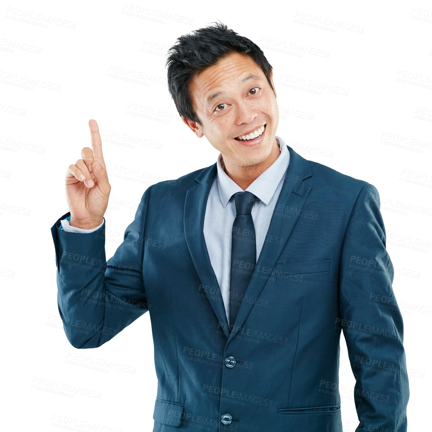 Buy stock photo Portrait, pointing and PNG with a business man on a transparent background to promote a company. Happy, smile and hand gesture with a confident male asian employee showing  a product, brand or logo