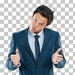 Confused, joke and portrait of businessman in studio with comic and meme face expression. Young, suit and Asian male model with corporate outfit and dont know gesture isolated by a isolated on a png background