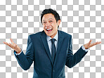 Portrait, shrug and excited with a business asian man in studio isolated on a png background for promotion. Comic, success and motivation with a male employee shrugging his shoulders on blank space
