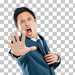 Businessman, angry and stop hand portrait with shouting, frustrated and unhappy face for stress. Asian corporate ceo screaming in distress on isolated studio isolated on a png background with formal suit.