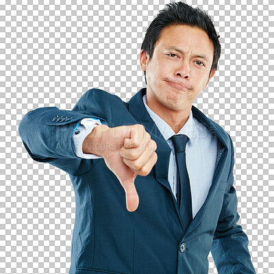 Buy stock photo Portrait, sad and business man with thumbs down isolated on a transparent png background. Hand gesture, Asian person and dislike emoji, negative opinion or no, rejection or failure, vote or wrong.