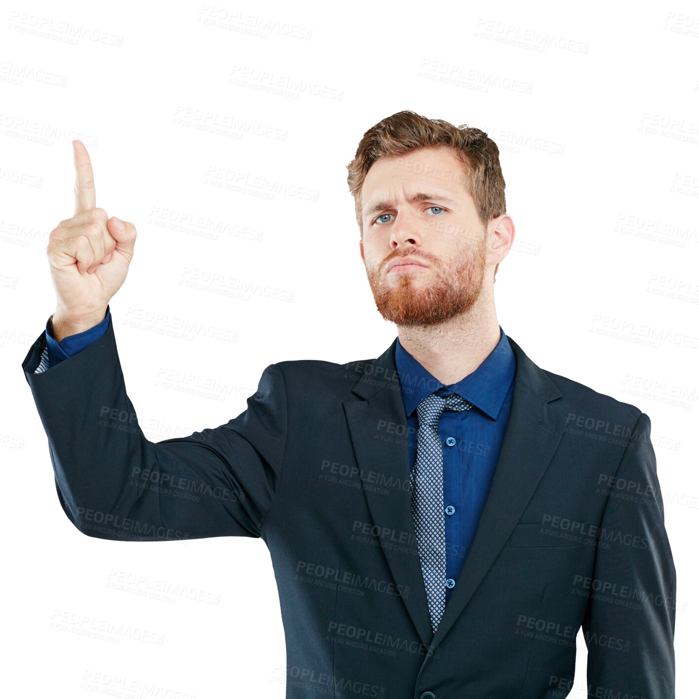 Buy stock photo Portrait, pointing and transparent with a business man on a PNG background looking serious about promotion. Mean, serious and assertive with a male employee showing a company logo, brand or product