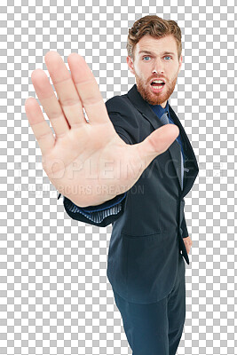 Buy stock photo Portrait, hand and man with stop sign, anger or frustrated guy isolated on a transparent studio background. Face, male employee or executive with gesture for warning, stress or worker on png backdrop