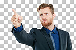 Mockup, business and man pointing, serious or guy isolated on a png background. Executive, male entrepreneur or marketing manager for advertising campaign, sales growth or corporate consultant