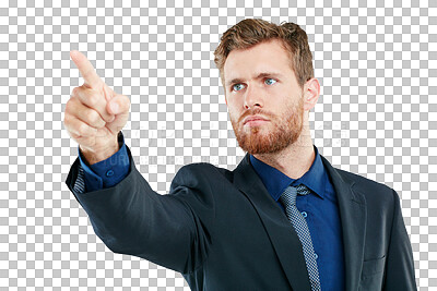 Buy stock photo Leader, business and man pointing, serious or boss isolated on a transparent png background. Executive, male entrepreneur or marketing manager for advertising campaign, sales growth or corporate