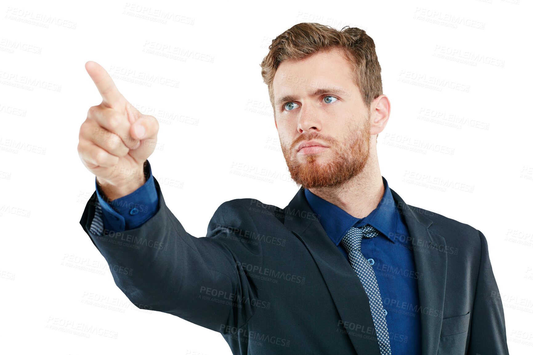 Buy stock photo Leader, business and man pointing, serious or boss isolated on a transparent png background. Executive, male entrepreneur or marketing manager for advertising campaign, sales growth or corporate