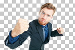 Portrait, angry and fist with a business man in studio isolated on a png background for corporate conflict. Anger, aggression and violence with a male employee ready for a fight on blank space