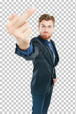 Buy stock photo Angry, rude and portrait of a businessman with a middle finger isolated on a transparent png background. Stressed, frustrated and mad employee with an offensive hand sign, body language and anger