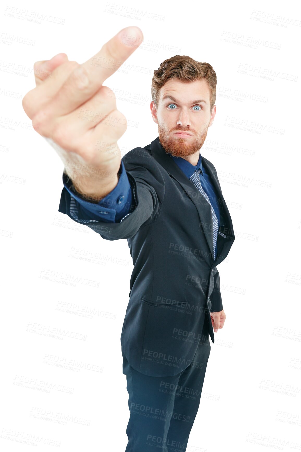 Buy stock photo Angry, rude and portrait of a businessman with a middle finger isolated on a transparent png background. Stressed, frustrated and mad employee with an offensive hand sign, body language and anger