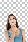 Thinking, hand and woman in studio with idea, vision and decision against isolated on a png background space. Ideas, choice and girl planning, pensive and thoughtful while standing, contemplating and isolated