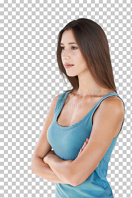 Buy stock photo Arms crossed, thinking and woman isolated on a transparent, png background for vision, ideas and contemplating. Young, proud person or model with confidence, youth mindset and focus or inspiration