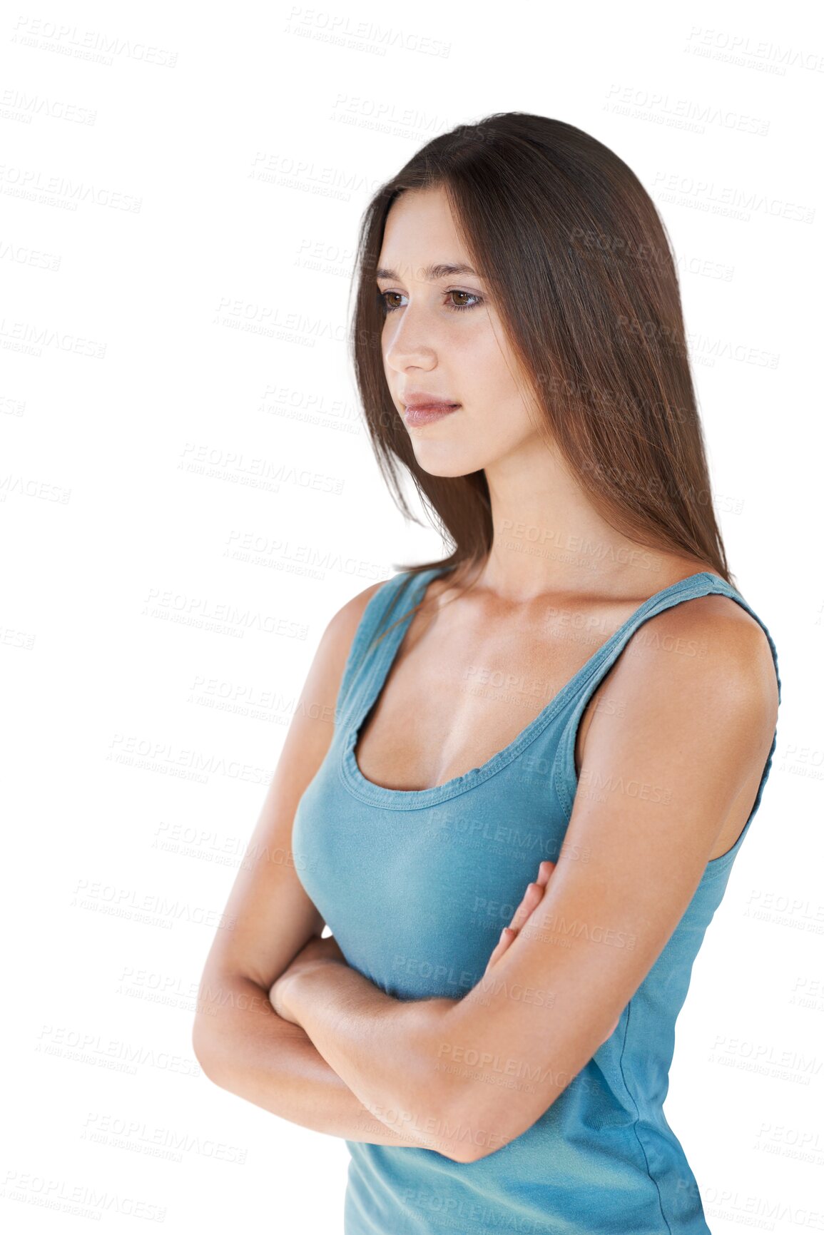 Buy stock photo Arms crossed, thinking and woman isolated on a transparent, png background for vision, ideas and contemplating. Young, proud person or model with confidence, youth mindset and focus or inspiration