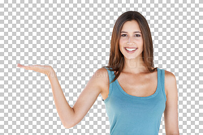 Buy stock photo Presentation portrait, happy and woman with palm gesture, advertising copy space or discount product promotion. Branding, offer and female brand ambassador isolated on a transparent, png background