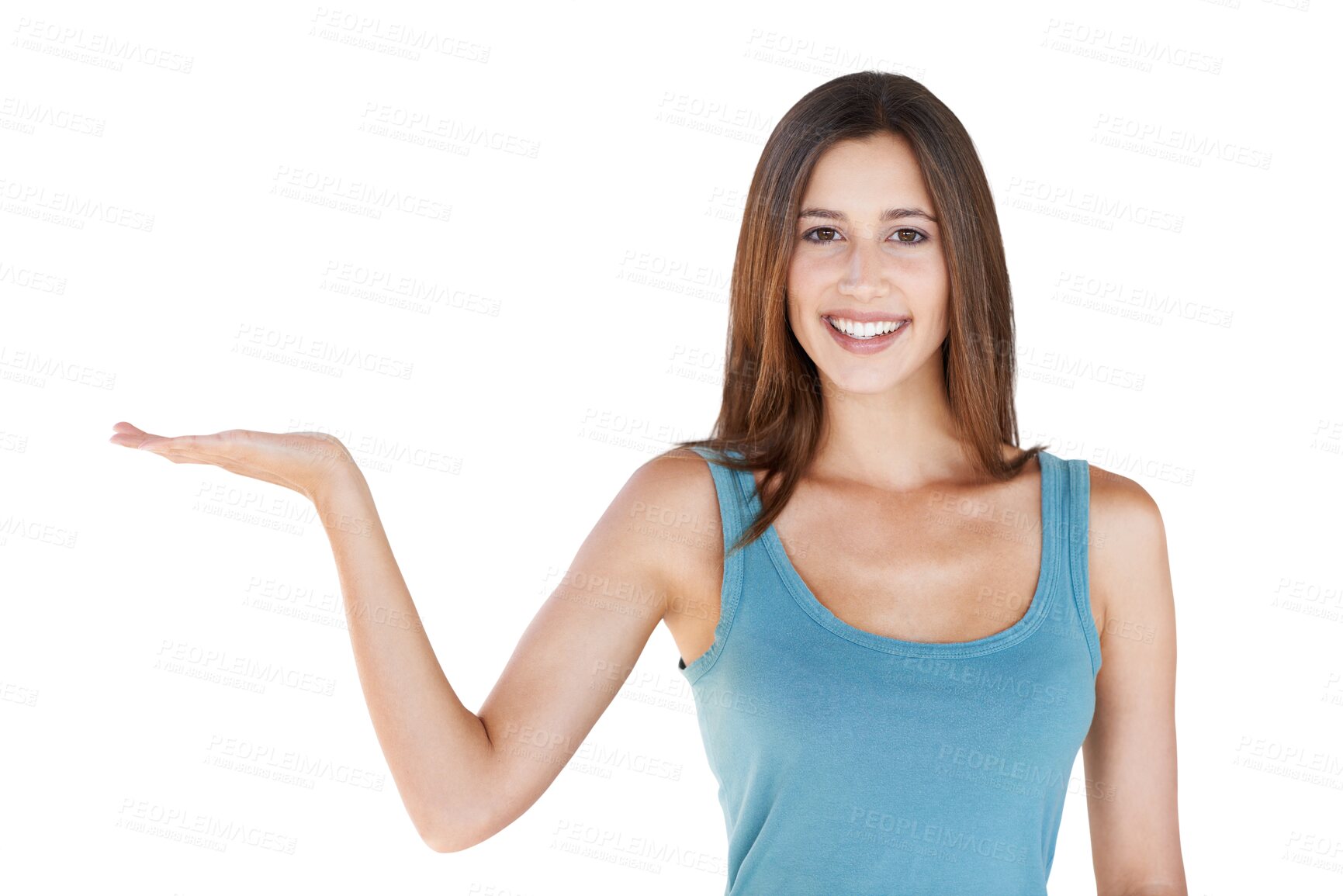 Buy stock photo Presentation portrait, happy and woman with palm gesture, advertising copy space or discount product promotion. Branding, offer and female brand ambassador isolated on a transparent, png background