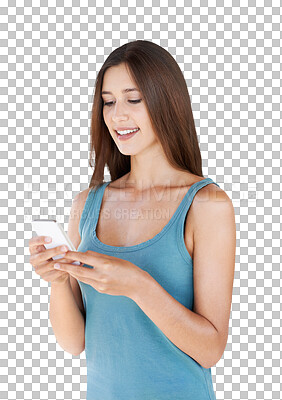 Buy stock photo Phone, texting and happy woman isolated on transparent, png background for social media, networking or internet post. Young person with smartphone for online chat, streaming on mobile app or Web 3.0