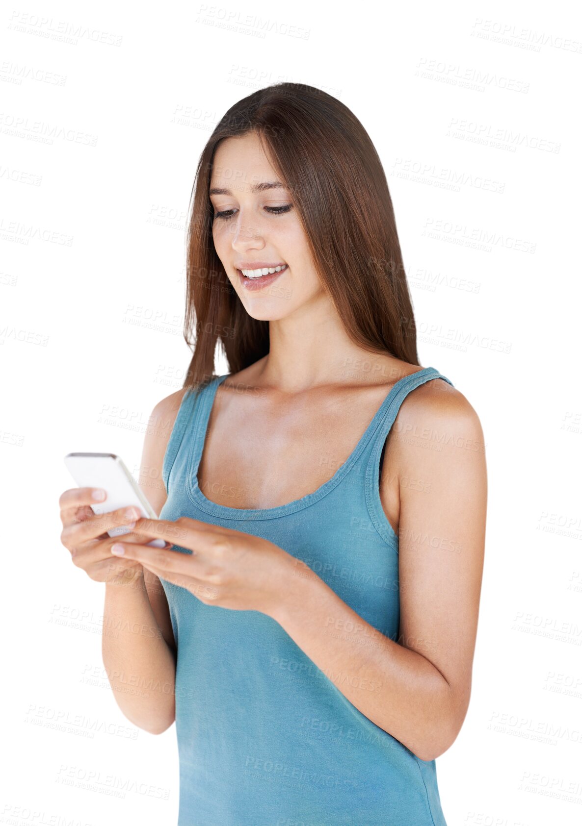 Buy stock photo Phone, texting and happy woman isolated on transparent, png background for social media, networking or internet post. Young person with smartphone for online chat, streaming on mobile app or Web 3.0