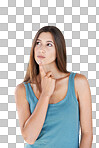 Hand, thinking and woman with idea in studio for vision or decision against isolated on a png background space. Ideas, choice and girl planning, pensive and thoughtful while standing, contemplating and isolated