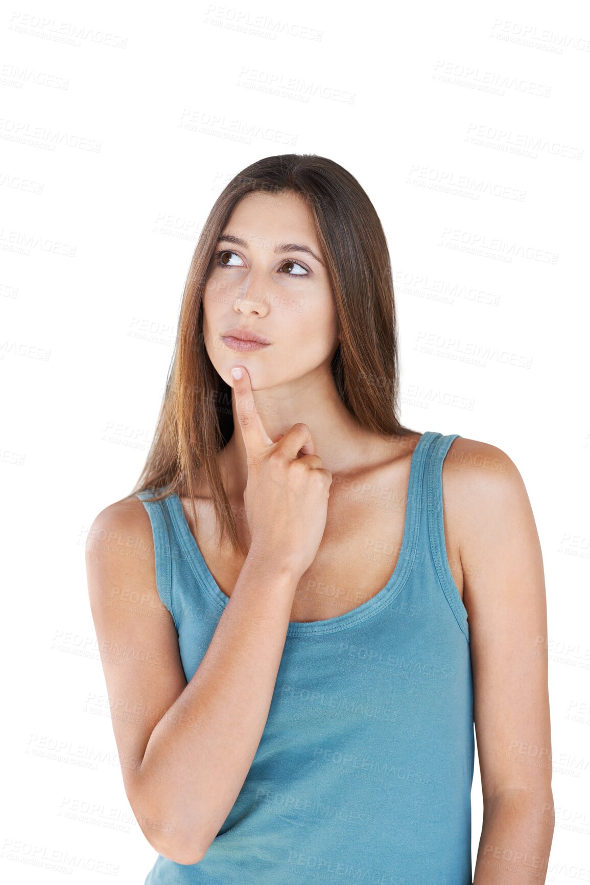 Buy stock photo Thinking, idea and face of woman for decision on isolated, png and transparent background. Brainstorming, planning and female person with hand for wondering, contemplation and question for choice