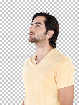 Buy stock photo Thinking, unsure and man contemplating on isolated, transparent and png background. Contemplation, doubt and young male pensive, puzzled and concerned while considering, decision or brainstorming