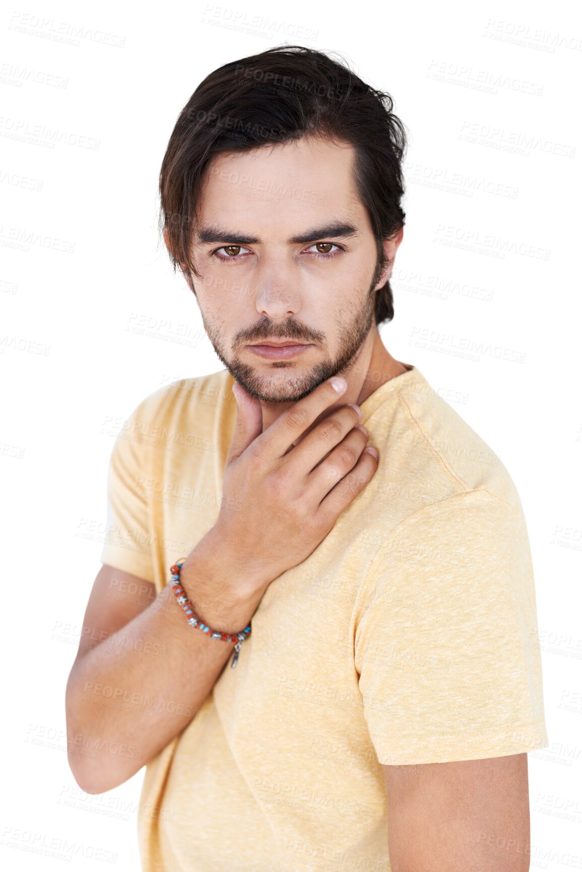 Buy stock photo Idea, decision portrait and man thinking, planning and contemplating problem solving plan. Question, pensive and confidence of young male model alone and isolated on a transparent, png background
