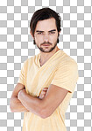 Man, studio portrait and arms folded for confidence, focus or vision with t-shirt by isolated on a png background. Isolated casual model, handsome male and motivation in trendy fashion, relax lifestyle or beauty