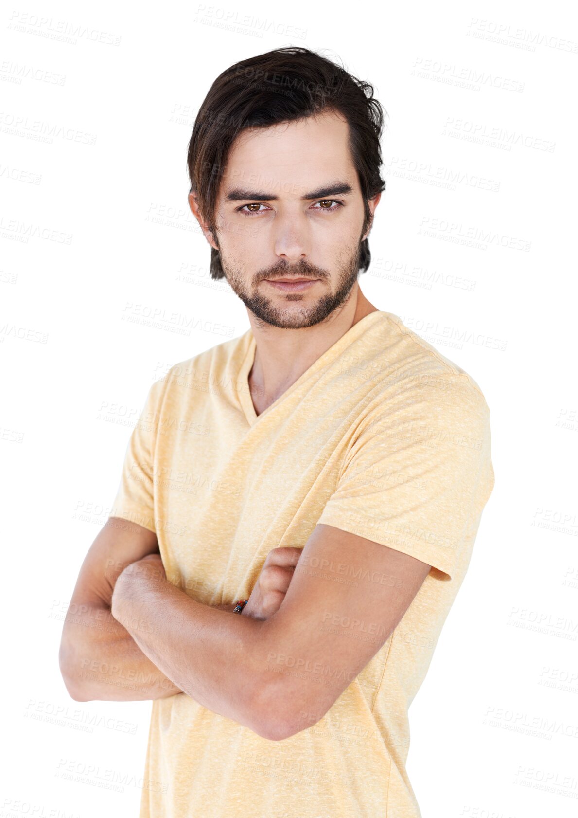 Buy stock photo Portrait, arms crossed and man with casual fashion on isolated, transparent and png background. Face, attitude and proud male model posing cool, edgy and trendy, fashionable and contemporary