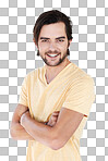 Happy, man and portrait of a model with casual tshirt and vertical isolated on a png background. Isolated, arms crossed and person smiling and feeling positive with happiness alone and comfortable fashion