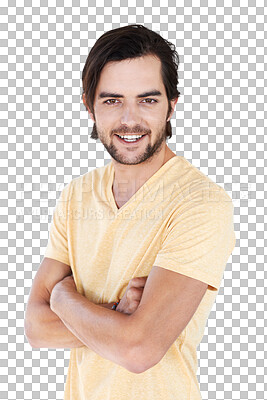 Buy stock photo Fashion, happy and laugh portrait of a man with arms crossed and casual and trendy clothing. Young, smile and male model from France with a modern style isolated on a transparent, png background
